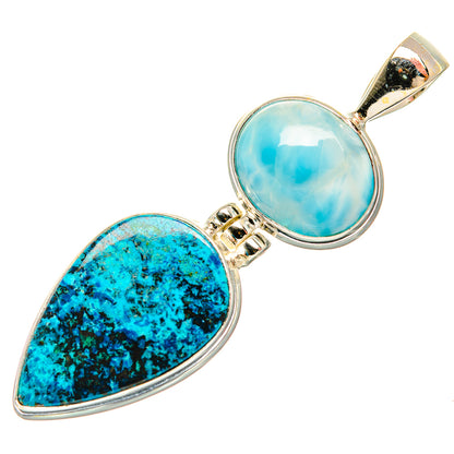 Double-stone sterling silver pendant with blue teardrop shattuckite and round larimar