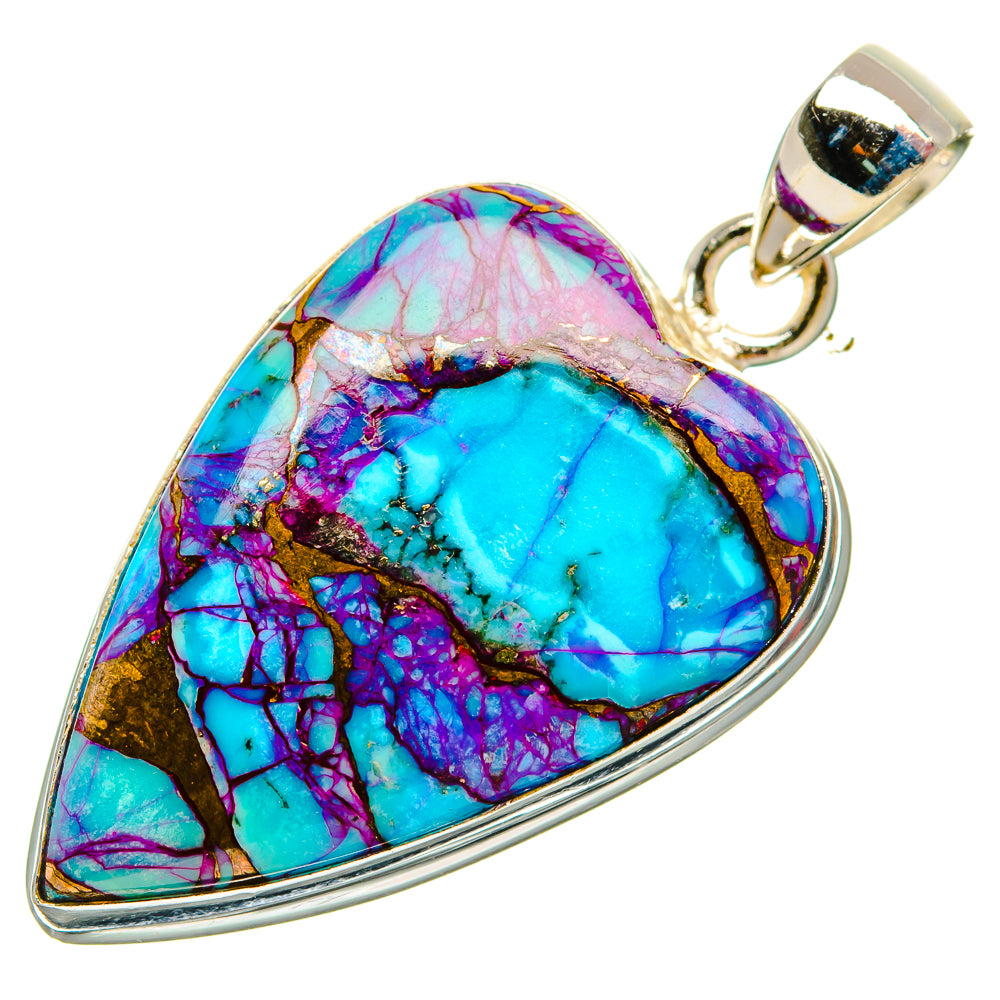 Heart-shaped turquoise, purple and copper composite pendant with silver loop bail
