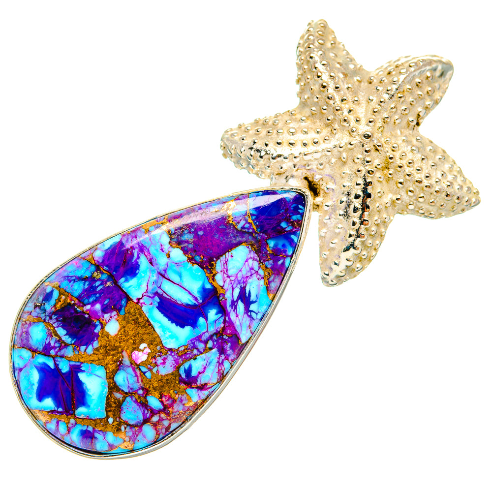 Teardrop purple-blue gemstone pendant with textured starfish charm, sterling silver