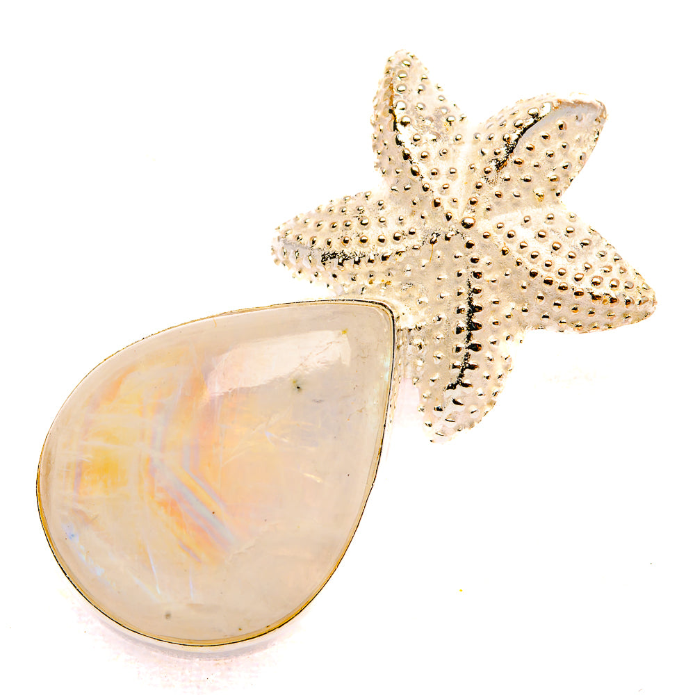 Moonstone pendant with teardrop opal cabochon and textured silver starfish charm