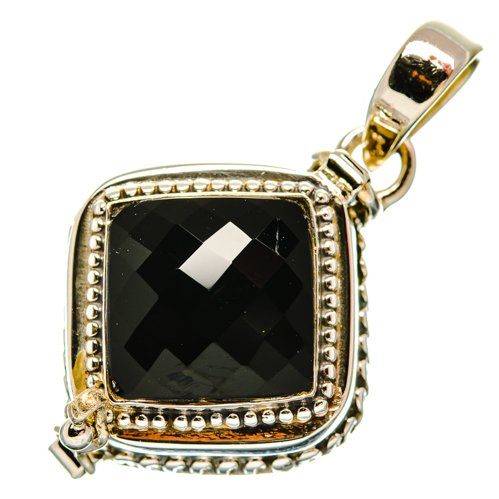 Sterling silver black onyx square pendant, faceted stone with beaded frame