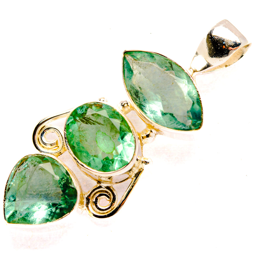 Green fluorite teardrop pendant with three stones, round halo accents in sterling silver