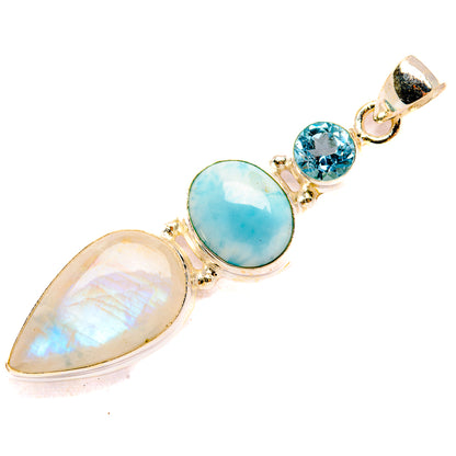 Sterling silver three-stone pendant: larimar oval, rainbow moonstone drop, blue topaz round