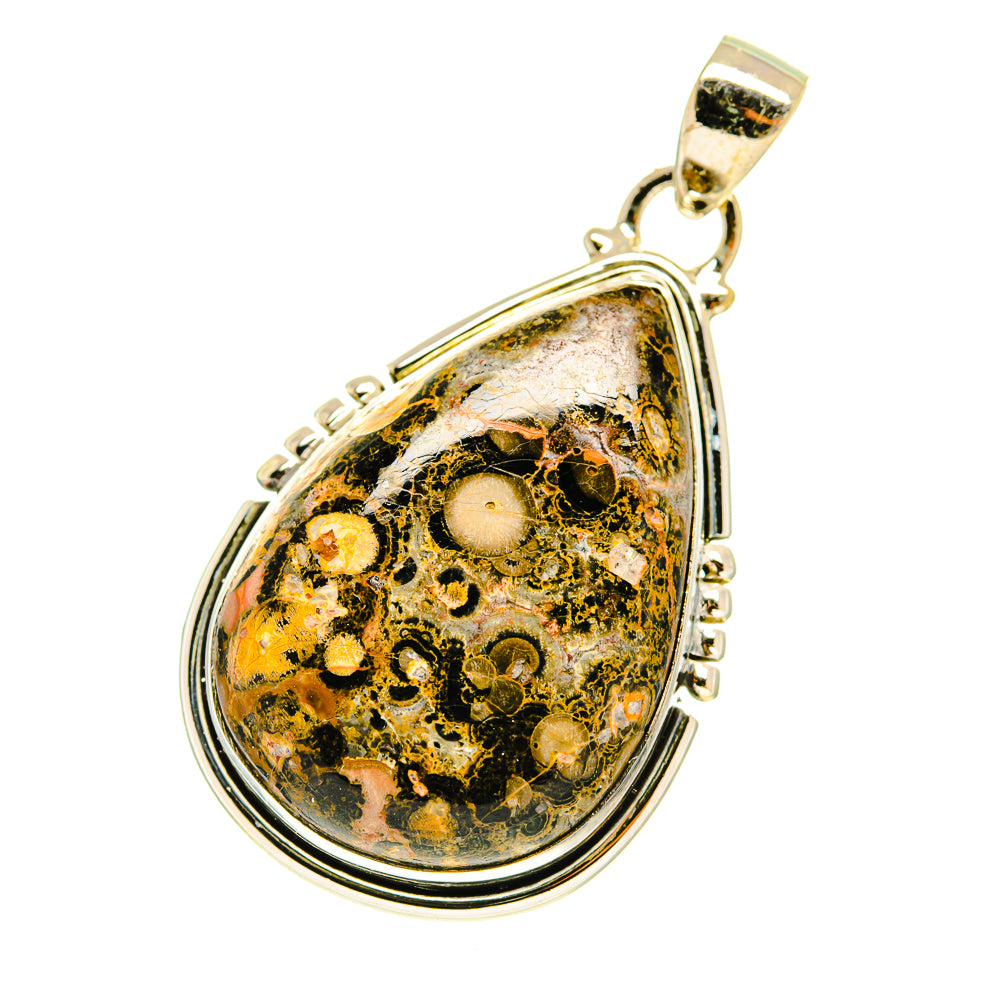 Sterling silver teardrop jasper pendant with mottled yellow, green, and black stone