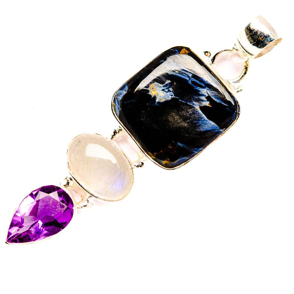 Sterling silver pendant with dark pietersite, iridescent moonstone and purple amethyst stones