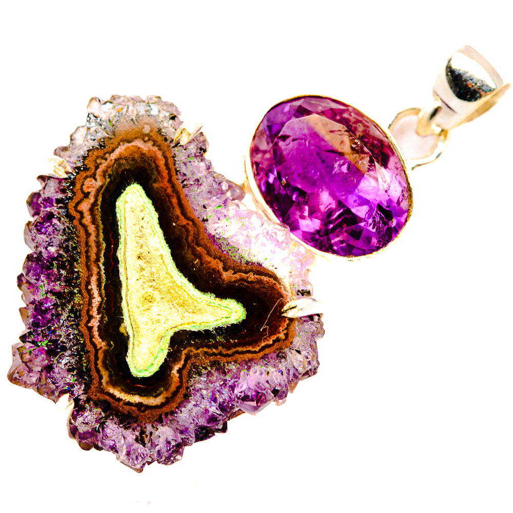 Amethyst stalactite pendant with druzy purple stone and oval amethyst cabochon, 925