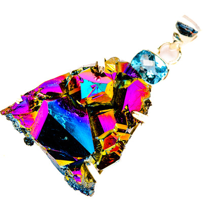 Druzy pendant with rainbow prism facets and blue stone on 925 silver bail