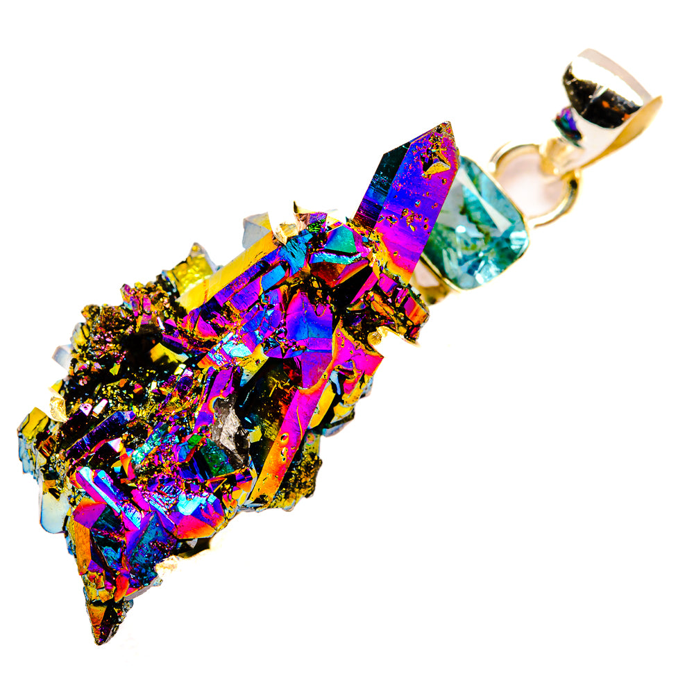 Iridescent druzy pendant with multicolor crystal cluster and oval blue-green center, bail