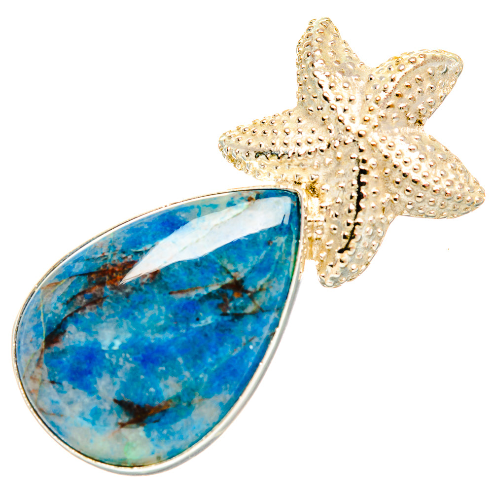 Apatite teardrop gemstone pendant with starfish textured silver frame, blue cabochon