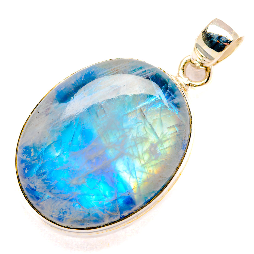 Oval rainbow moonstone pendant with sterling silver setting and bail, blue iridescence
