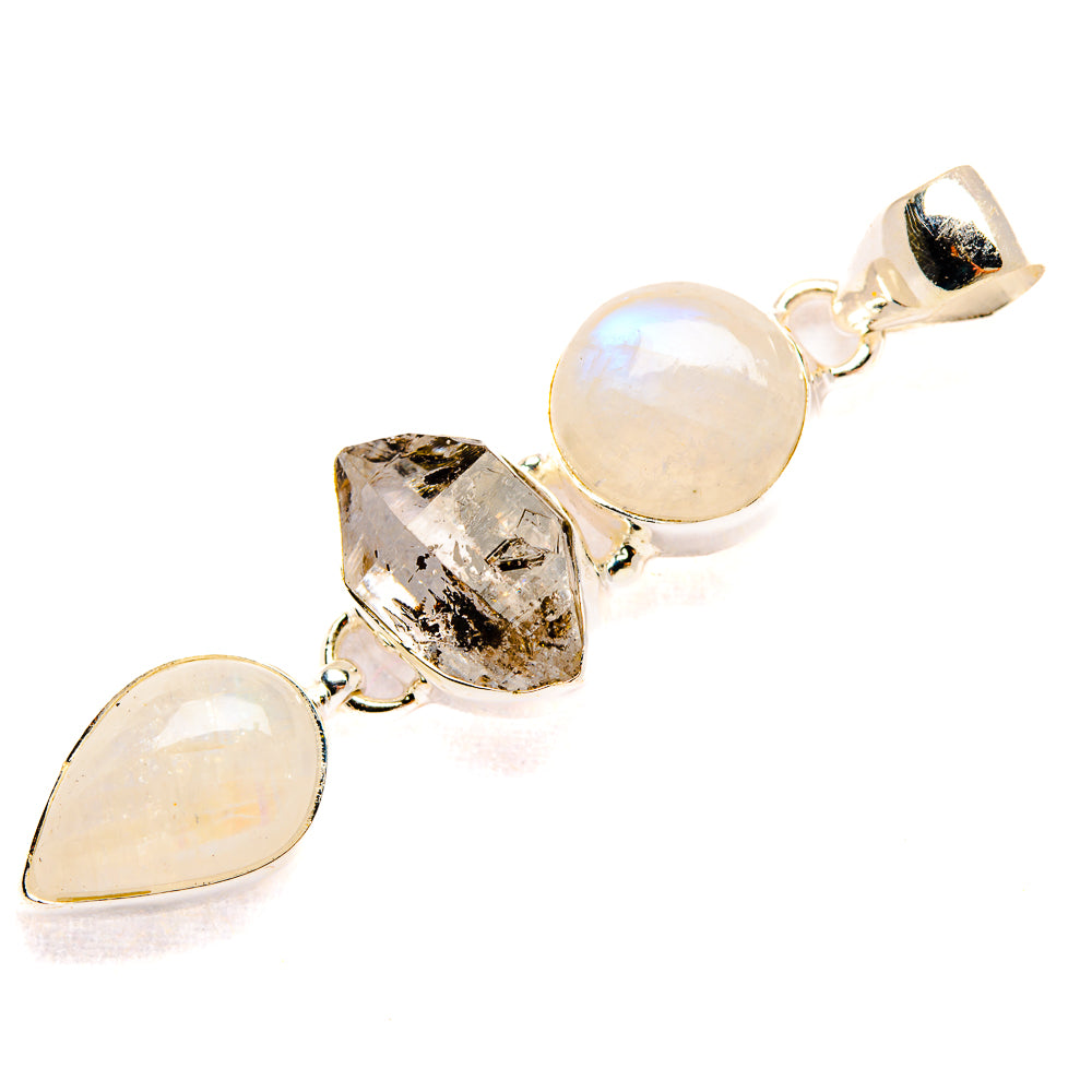 925 sterling silver pendant with three gemstones: round opal, pear moonstone, faceted crystal