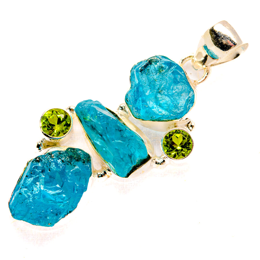 Rough apatite and peridot pendant in 925 sterling silver, three turquoise pieces with green
