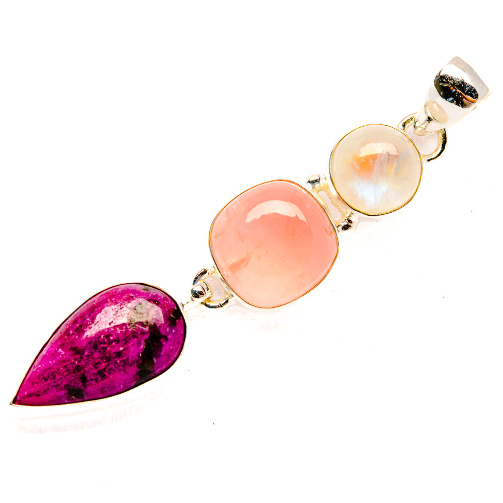 Sterling silver gemstone pendant with purple teardrop, peach oval, and white round cabochons