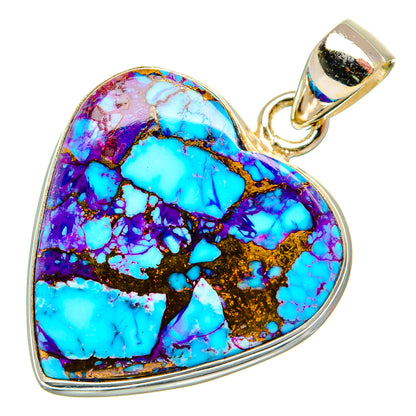 Heart-shaped turquoise pendant in purple, blue, and gold tones, 925 sterling silver frame