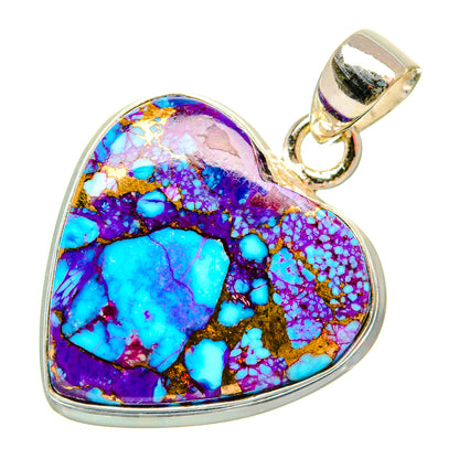 Heart-shaped turquoise pendant with purple-blue stone in silver bezel and bail