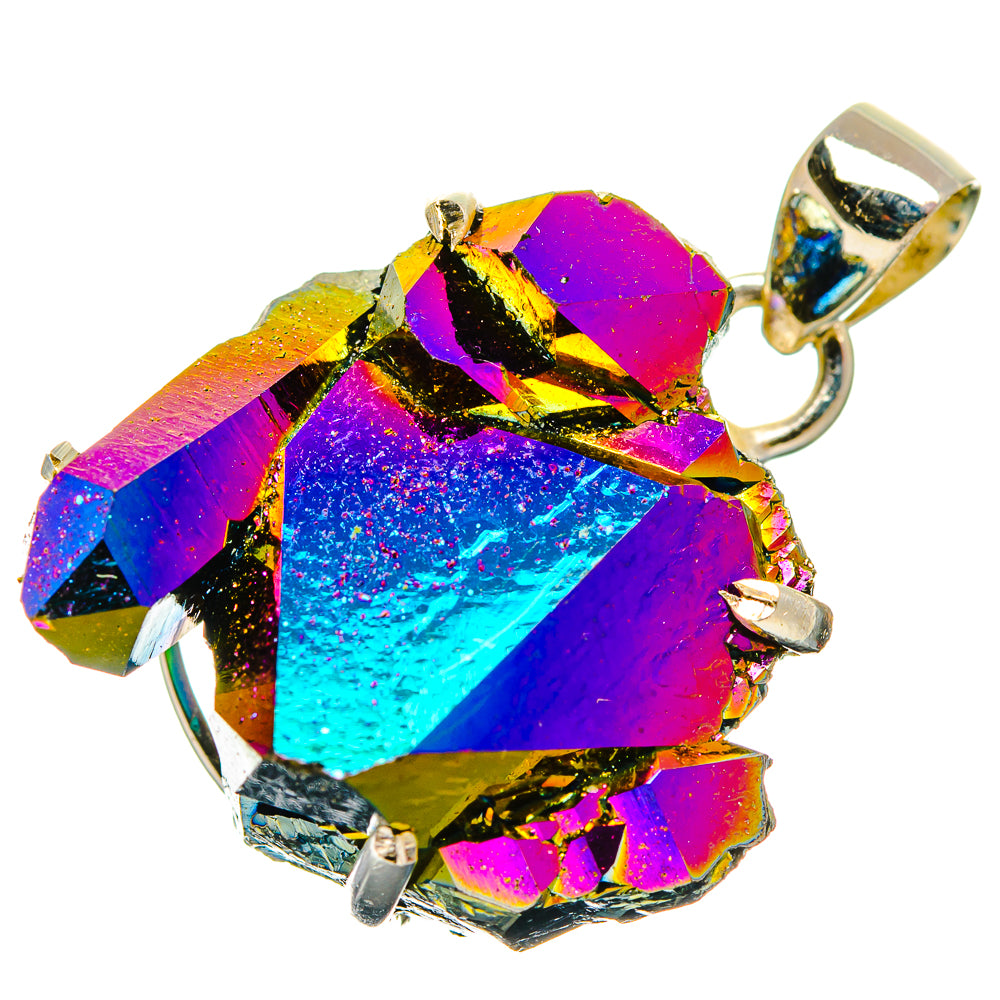 Iridescent druzy pendant with faceted rainbow stone and gold-tone bail, 925 silver setting