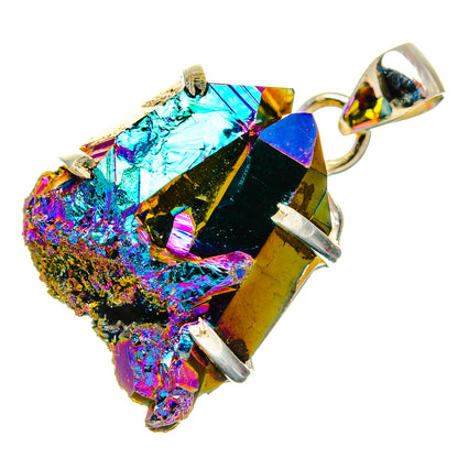 Iridescent druzy crystal pendant with silver prongs and bail, multicolor spectrum