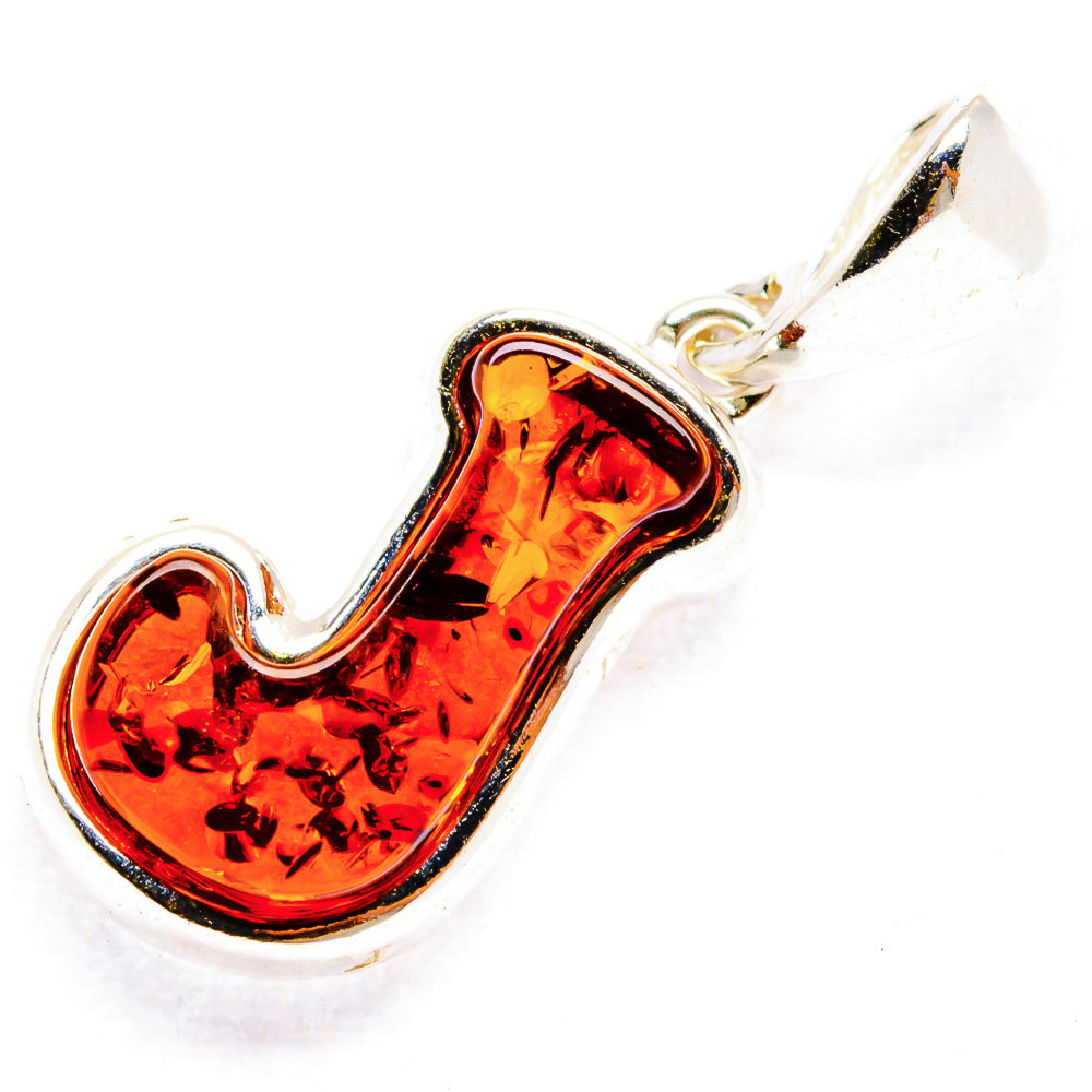 Amber letter J pendant with 925 sterling silver frame and bail, translucent amber inlay