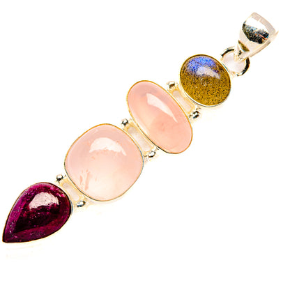 Sterling silver gemstone pendant: magenta teardrop, pink ovals, blue-gold labradorite oval