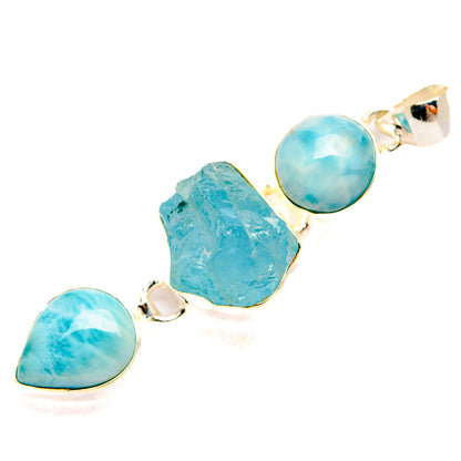 Pendant with two round Larimar cabochons and rough aquamarine centerpiece, metal setting