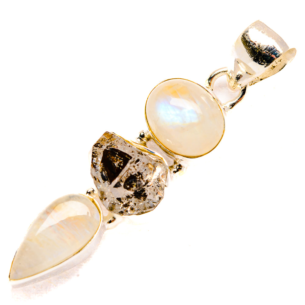 925 sterling silver pendant with round opalescent moonstone and rough clear crystal