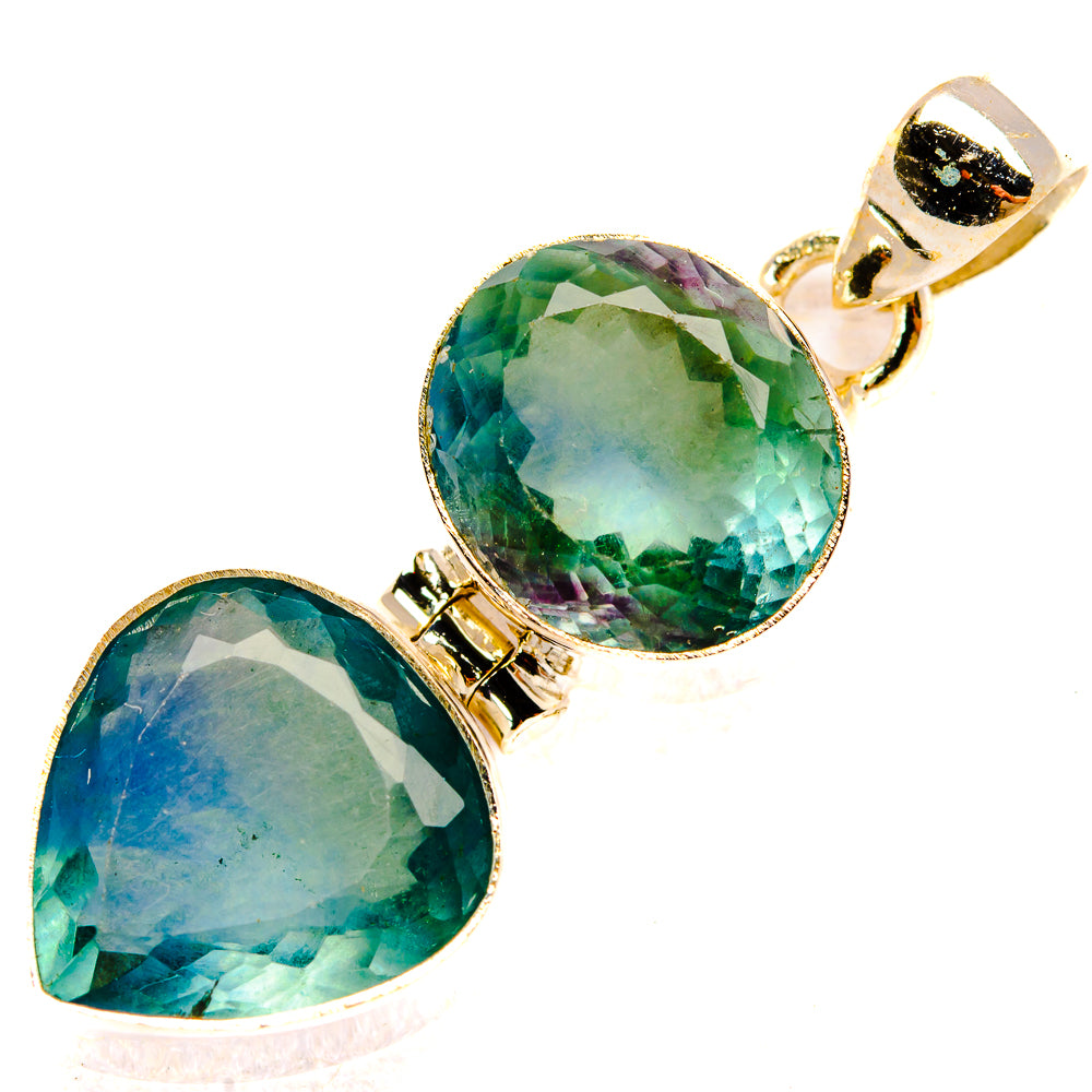 Two-stone fluorite pendant with faceted green round stone and teal heart stone, silver
