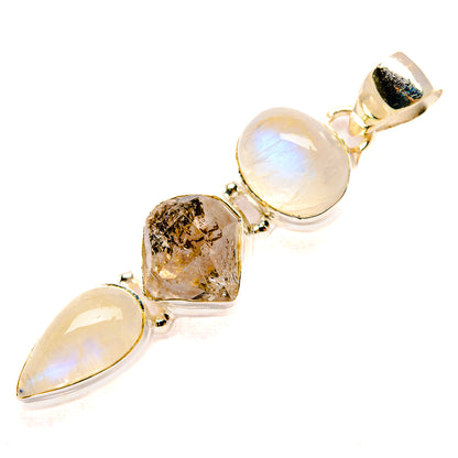 Sterling silver pendant with rainbow moonstone, round and teardrop gemstones, prong-set