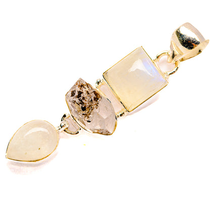 Opal-like rainbow moonstone pendant with square center, oval and round stones, 925 silver