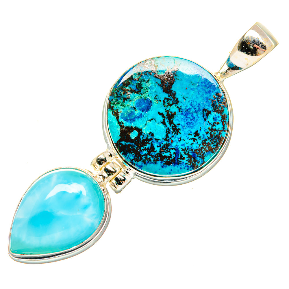 Round blue-green stone and light blue teardrop gem 925 sterling silver pendant