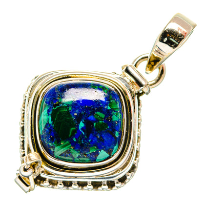 Sterling silver azurite pendant with blue-green cabochon and ornate bezel