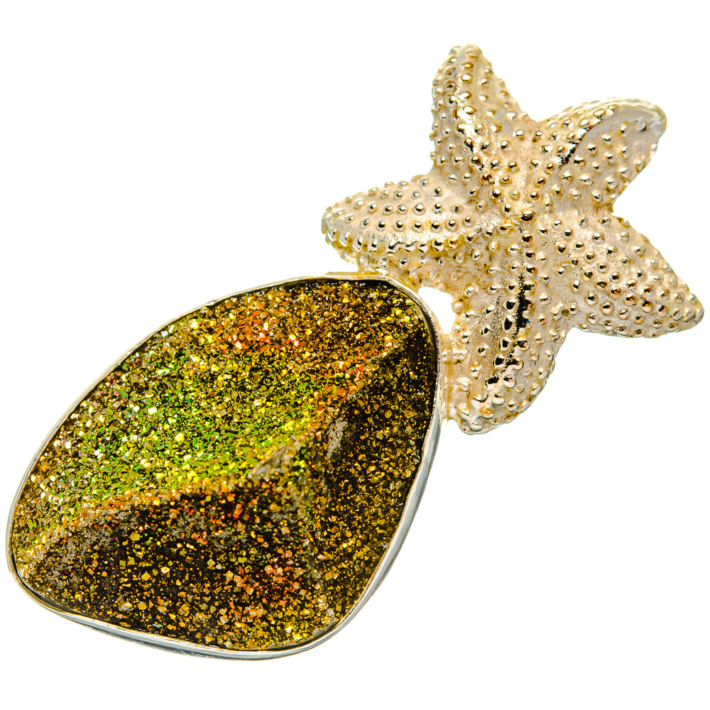 Gold-green drusy oval pendant with silver starfish charm, 925 sterling silver.