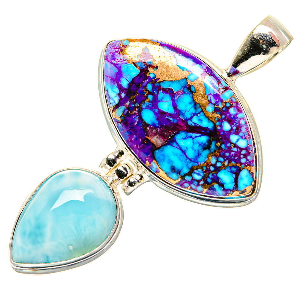 Sterling silver teardrop pendant with purple turquoise and light blue larimar stones