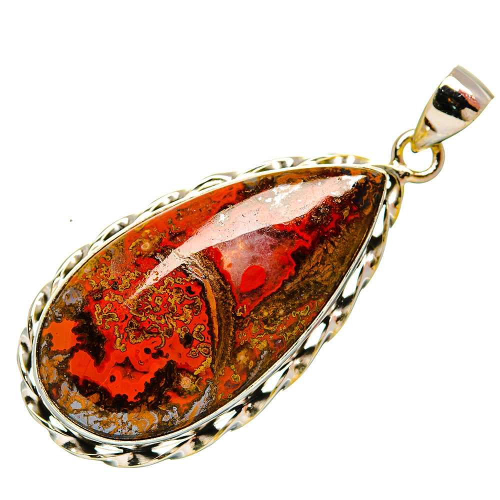 Sterling silver teardrop agate pendant with red-orange marbled stone and loop bail