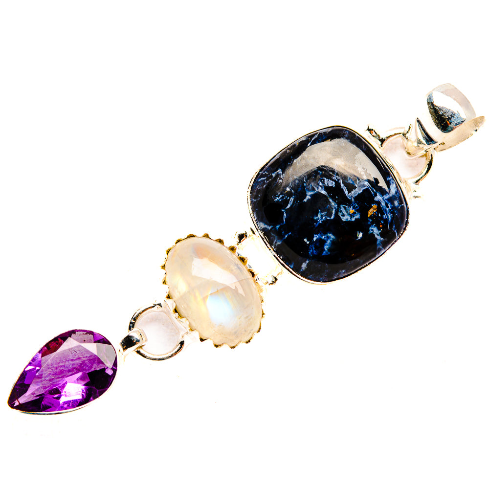 Sterling silver multi-stone pendant with dark oval center, opalescent oval, and purple teardrop charm