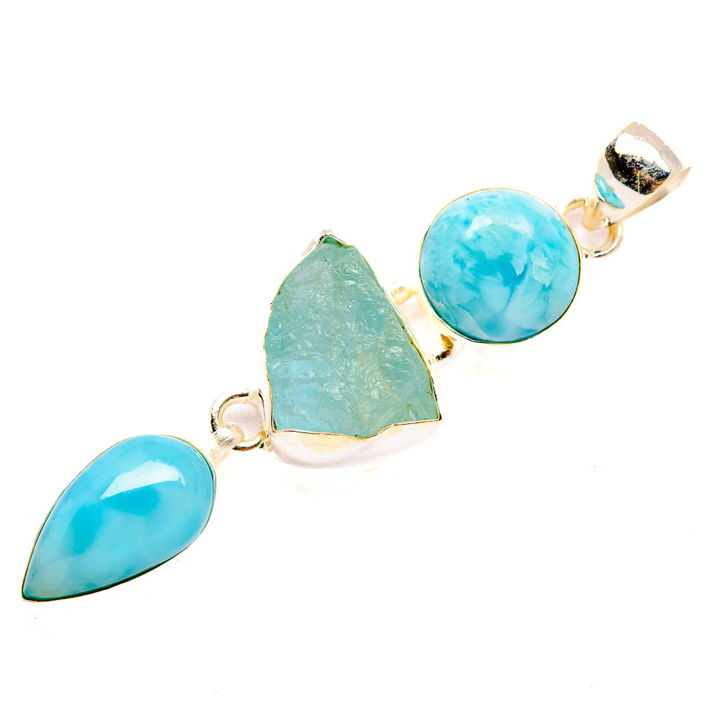 Sterling silver pendant with blue larimar and rough green stone, teardrop and round shapes