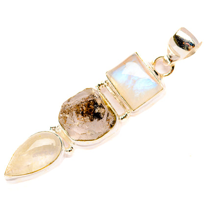 Sterling silver pendant with square opal-like moonstone, rough quartz, and teardrop stone