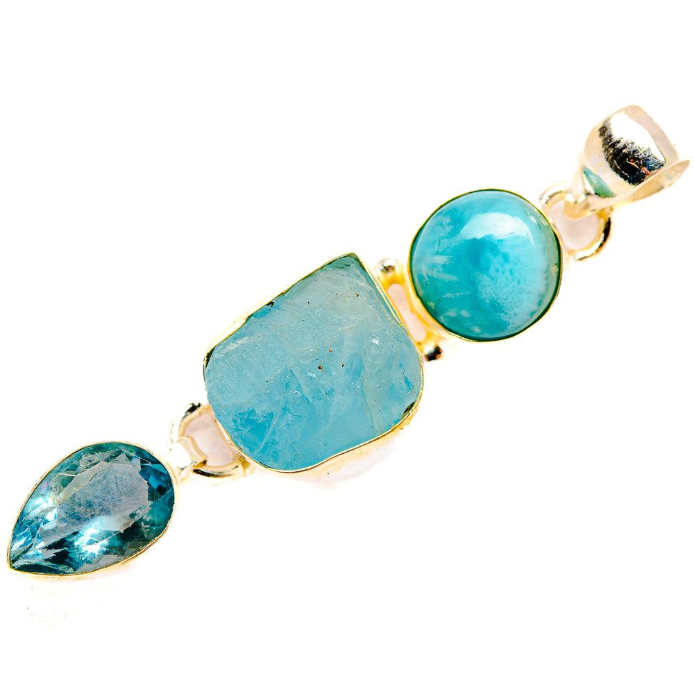 925 sterling silver pendant with three blue-green gemstones: round, teardrop, rough rectangle