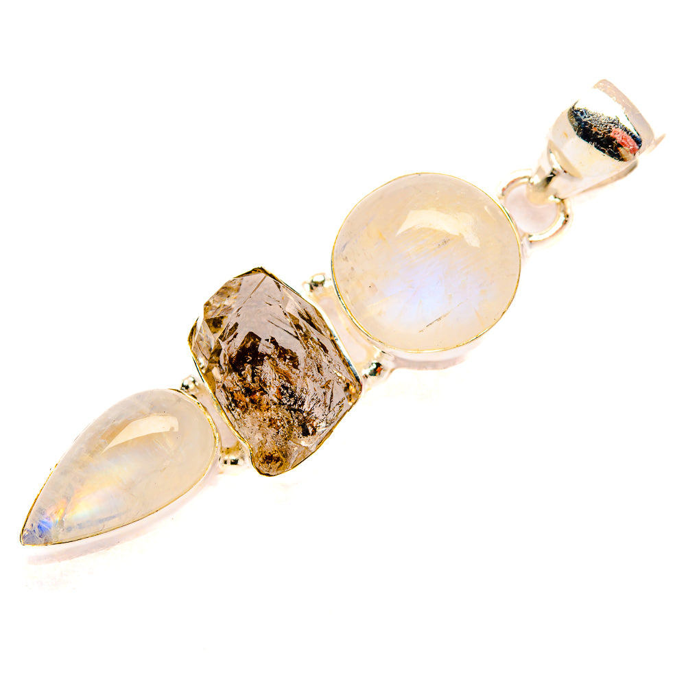 Iridescent moonstone and herkimer-style crystal pendant in 925 sterling silver, side view