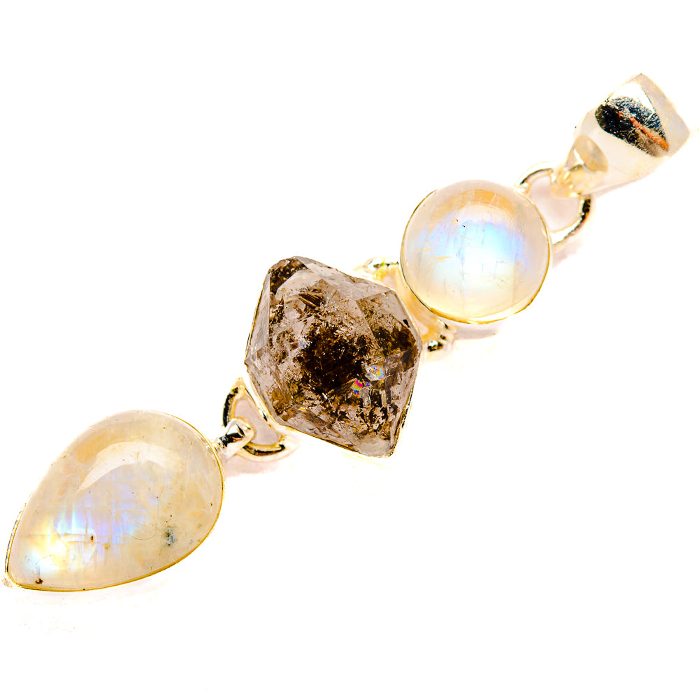 925 sterling silver pendant with rainbow moonstone and herkimer-style crystal cluster