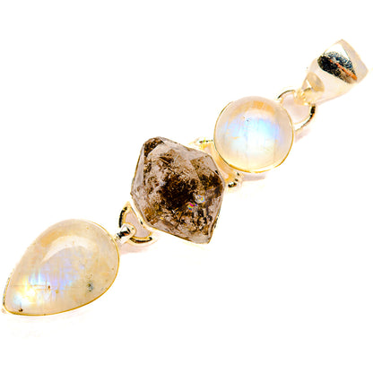 925 sterling silver pendant with rainbow moonstone and herkimer-style crystal cluster