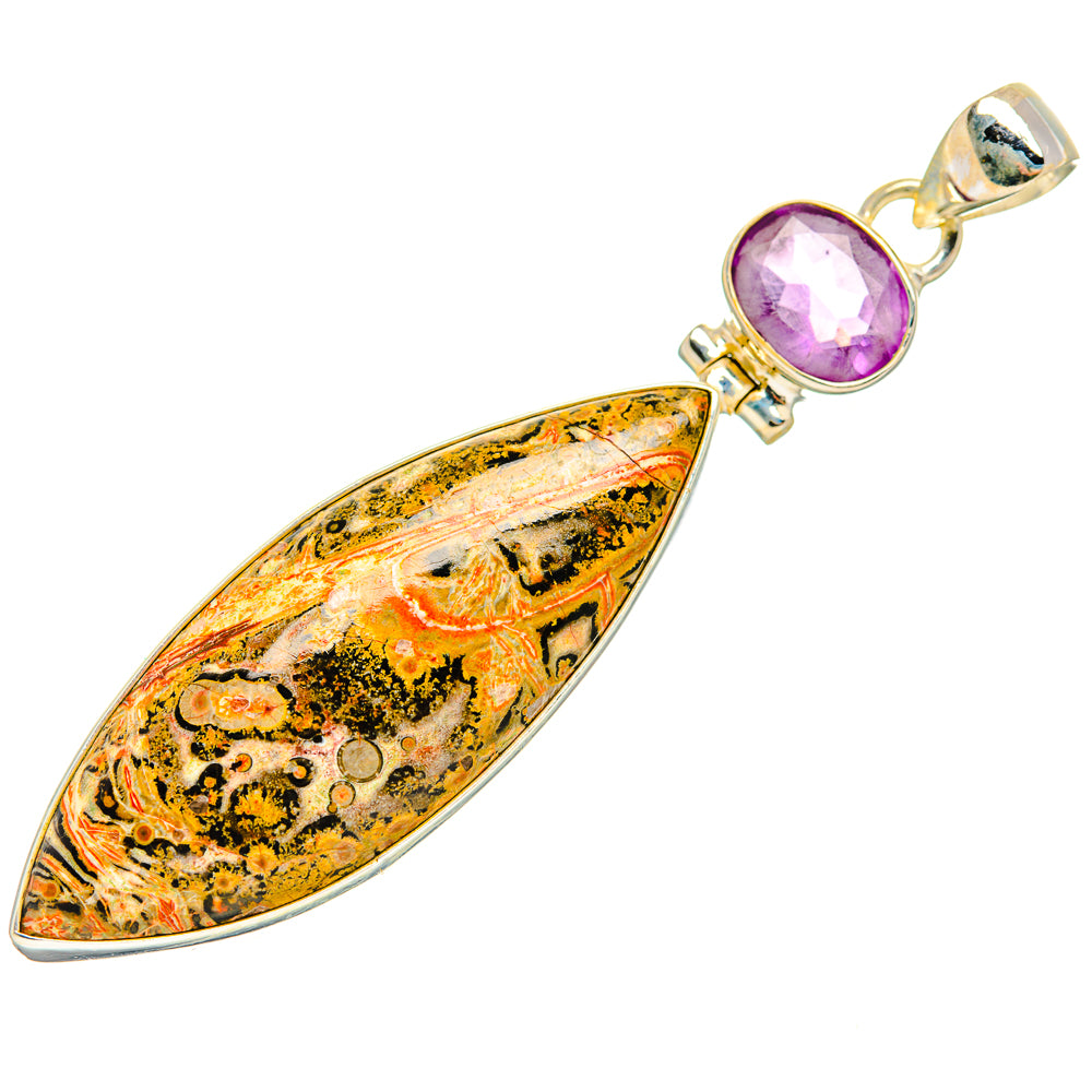 Sterling silver pendant with long oval Jasper drop and round purple amethyst stone top