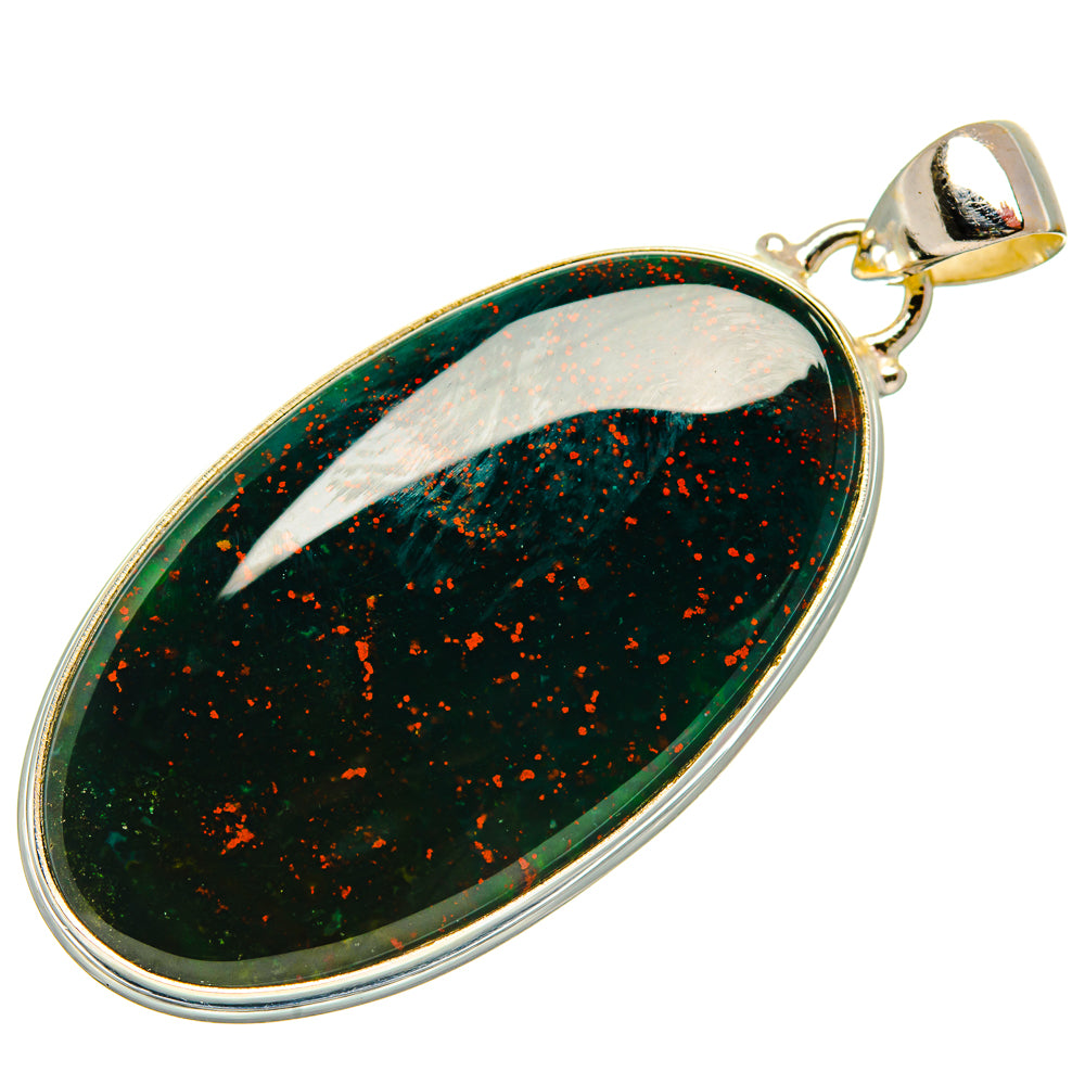 Oval bloodstone pendant in 925 sterling silver, dark green with orange speckles