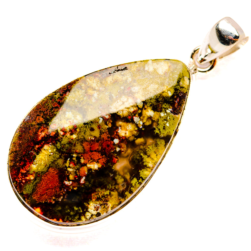 Oval silver bail pendant with plume agate stone, marbled green yellow and red-brown.