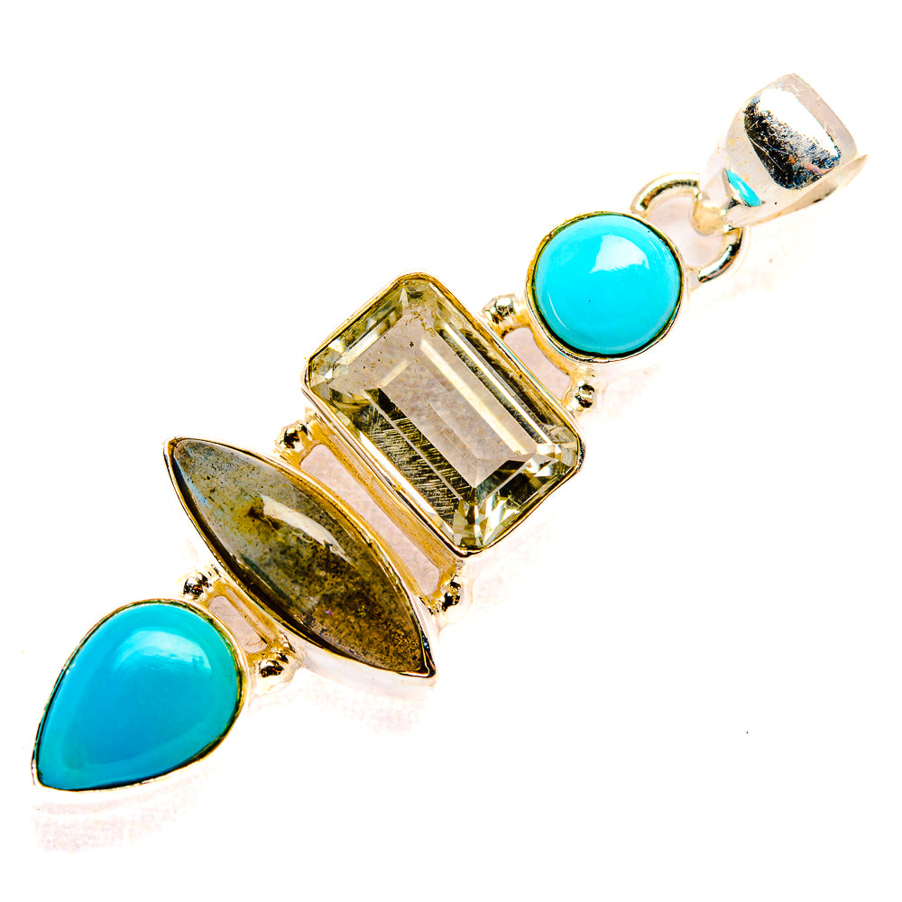 Sterling silver gemstone pendant with turquoise teardrops, faceted light-green center