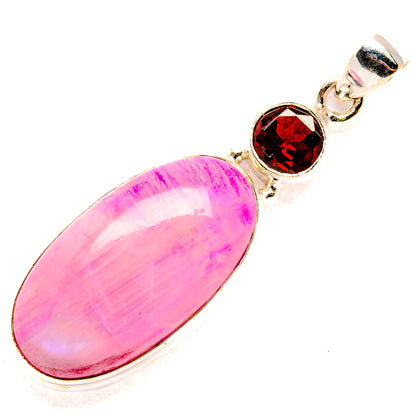 Oval pink moonstone pendant with round red garnet accent, 925 sterling silver