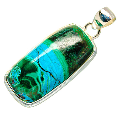 Rectangular green-blue malachite chrysocolla pendant with polished silver bail and frame