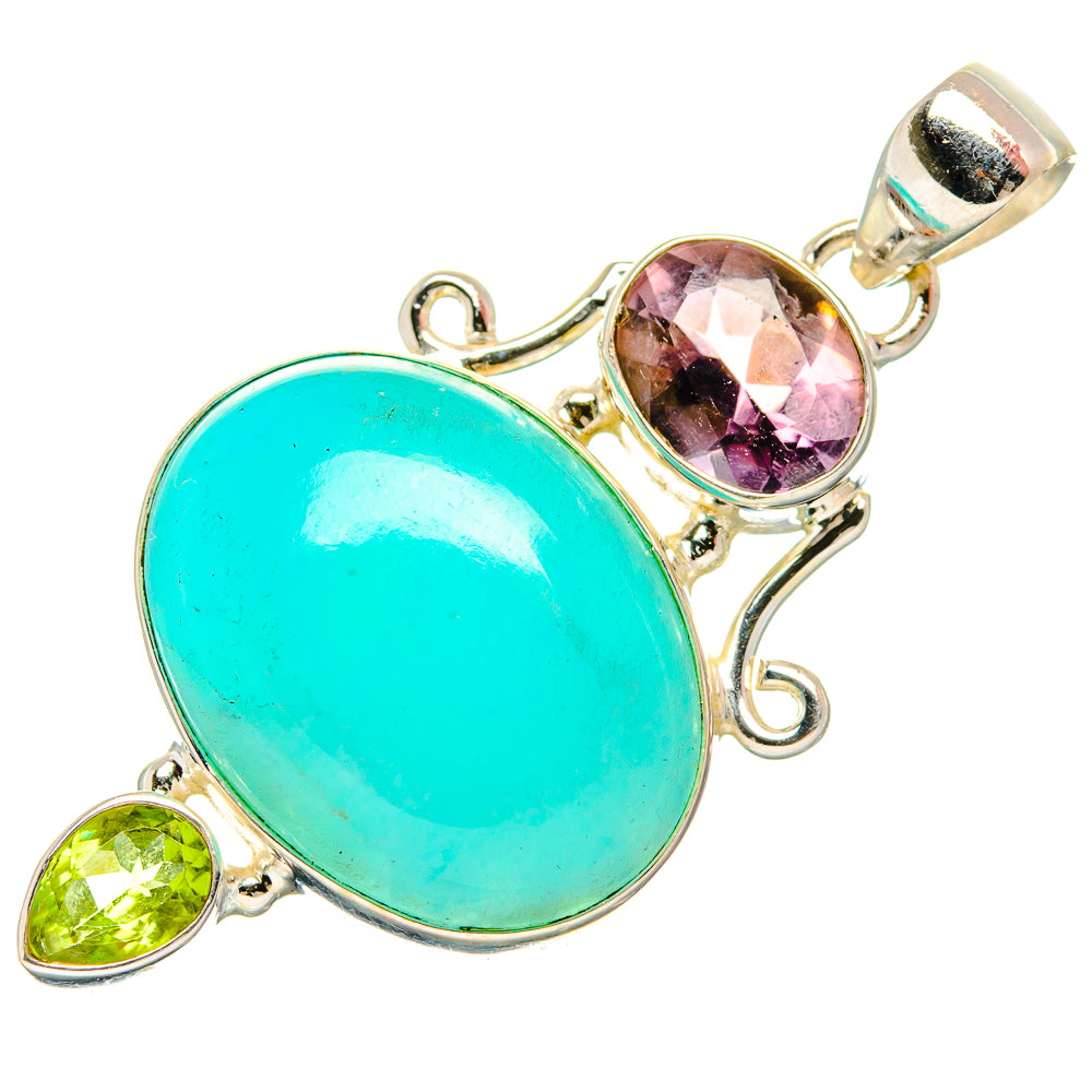 Turquoise oval and purple round gemstone pendant with green side stones, 925 sterling silver