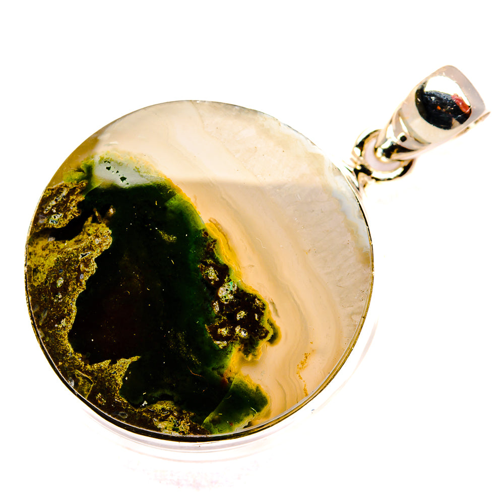 Round plume agate cabochon pendant in 925 sterling silver with metal bail loop