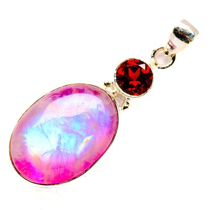 Oval pink moonstone and red garnet pendant in 925 sterling silver, silver bail and bezel