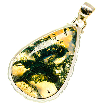 Green moss agate teardrop pendant in sterling silver bezel, with top loop